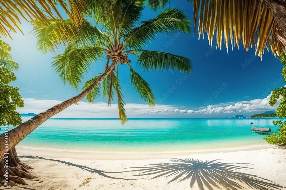Palm tree casting shadow on white sand beach. Palm tree casting shadow on white sand beach.