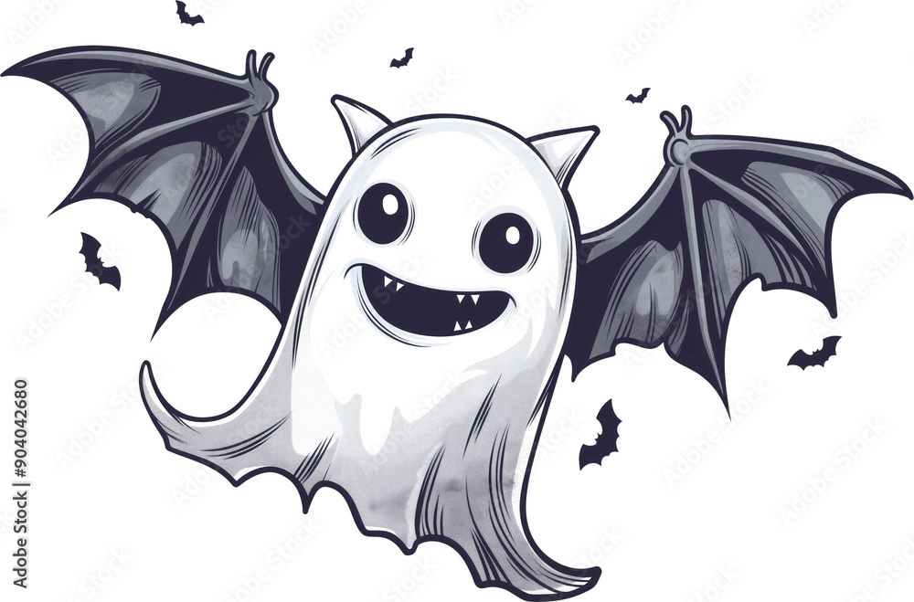 Fototapeta premium Smiling ghost with bat wings and fangs, surrounded by smaller bats in a cute and spooky style