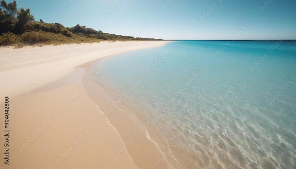 Wide-angle shot of a beautiful beach with golden sand, clear blue water, and a sunny sky
Wide-angle shot of a beautiful beach with golden sand, clear blue water, and a sunny sky