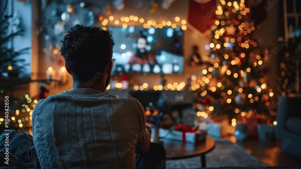 A man video calling his family from home during Christmas time, sharing joy and warmth in a festive atmosphere, highlighting the importance of family connections A man video calling his family from home during Christmas time, sharing joy and warmth in a festive atmosphere, highlighting the importance of family connections