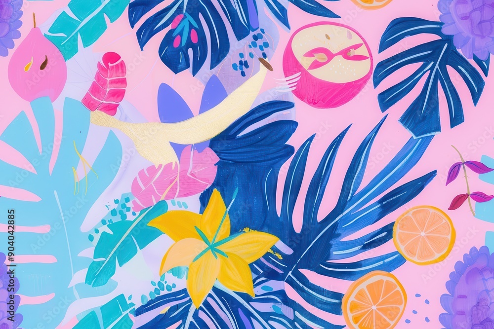 Tropical Illustration with Pink Background and Colorful Flowers, Leaves, and Fruits Tropical Illustration with Pink Background and Colorful Flowers, Leaves, and Fruits