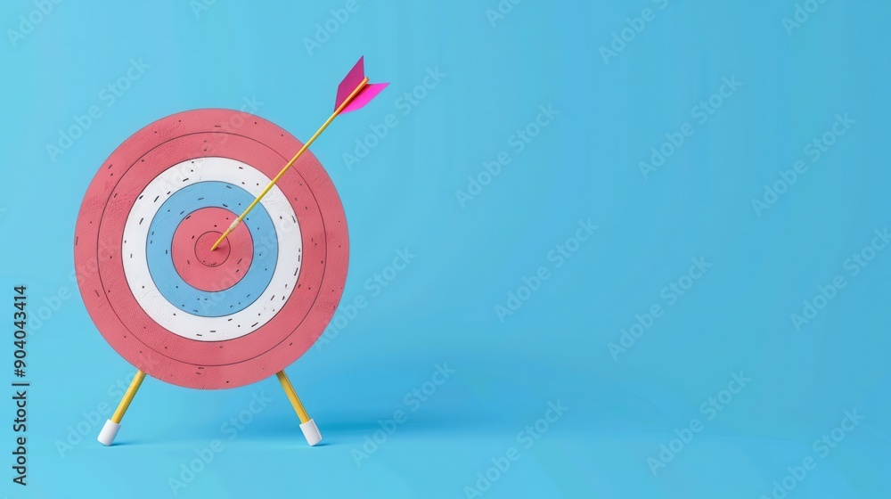 Archery target with arrow in the center against blue background. Progress, achievement, success. Archery target with arrow in the center against blue background. Progress, achievement, success.