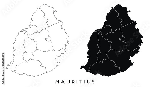Mauritius map of regions districts vector black on white and outline