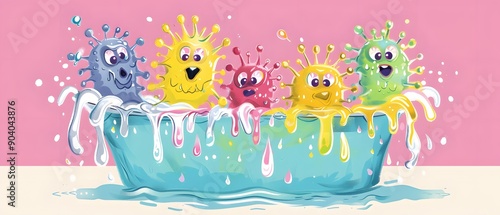 Colorful cartoon characters in a tub, splashing and smiling.