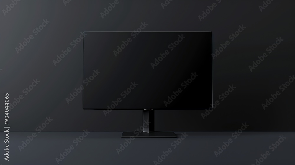 A black computer monitor with a blank screen on a black surface. A black computer monitor with a blank screen on a black surface.