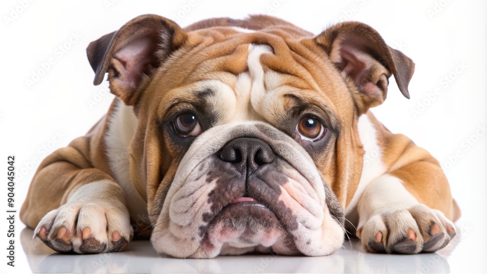 Obraz premium Adorable bulldog with wrinkled face and folded ears lying on floor in front of a clean plain white background.