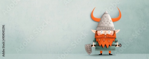 Cartoon viking character with orange beard and helmet, holding an axe, standing against a light textured background. photo