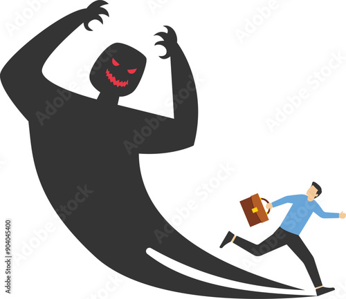 Vector illustration. Businessman running away afraid of his own inner evil monster shadow.

