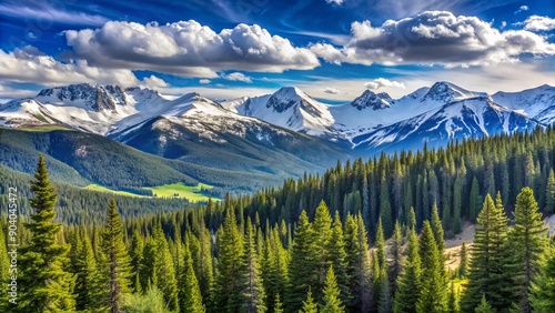 Panoramic view of snow-capped Rocky Mountains under blue sky with evergreen trees dotting the serene landscape of Berthoud Pass. photo