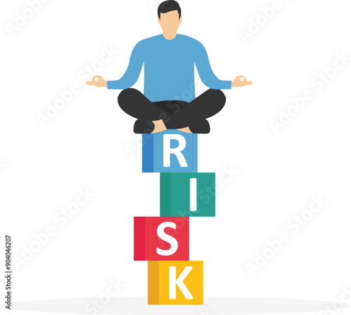 Entrepreneur investor calmly meditate on stack with the word RISK. Risk management, control or assess to lose money in investing, process or preparation for safety, secure earning and loss.

