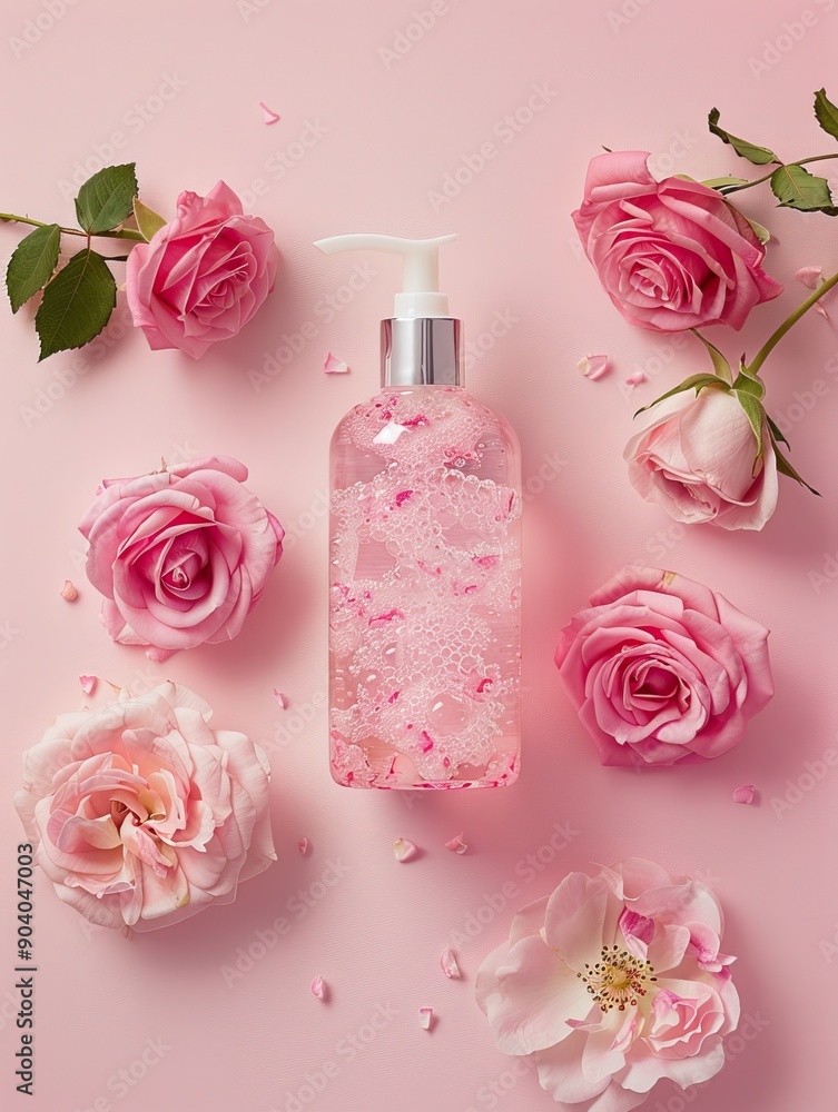 Beautiful Floral Arrangement Featuring Pink Roses and Fragrant Gel Bottle on Light Pink Background. Generative AI Beautiful Floral Arrangement Featuring Pink Roses and Fragrant Gel Bottle on Light Pink Background. Generative AI