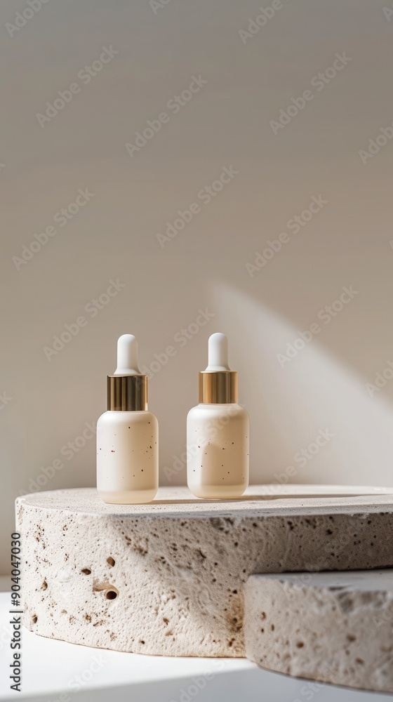 Beauty natural skincare product mockup. Serum Dropper Bottles on stone podium Beauty natural skincare product mockup. Serum Dropper Bottles on stone podium