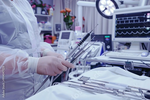 Surgeon in operating room with surgical tools representing healthcare surgery and medical expertise in a professional and sterile environment