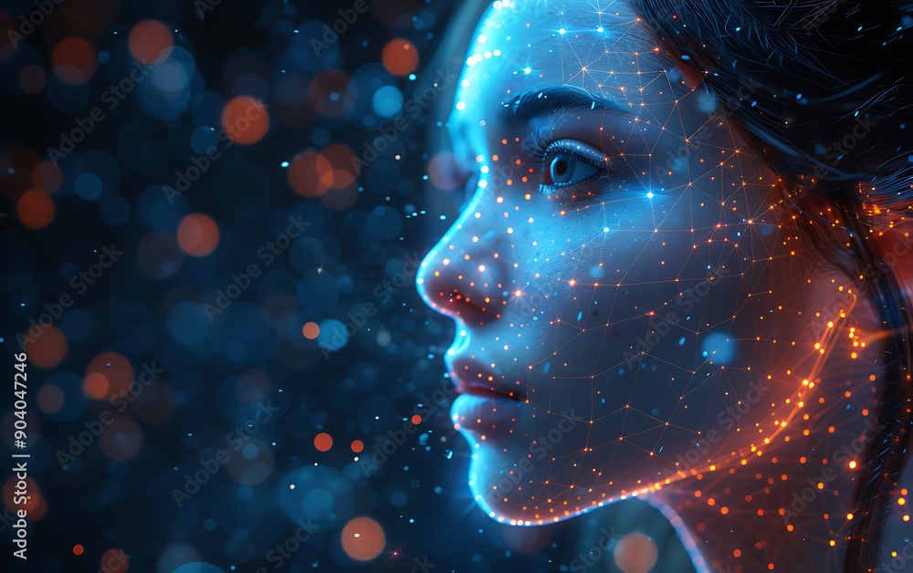 Glowing White and Blue Digital Hologram Face: Profile on Black Background Glowing White and Blue Digital Hologram Face: Profile on Black Background