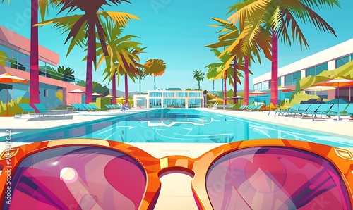 Illustrations of glamorous sunglasses designs, trendy t-shirt graphics, and luxurious poolside resort scenes, ideal for promoting summer fashion and leisure activities