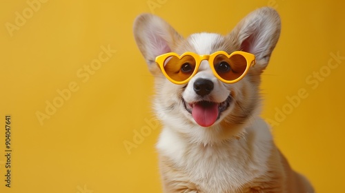 Cute corgi puppy wearing heart-shaped sunglasses