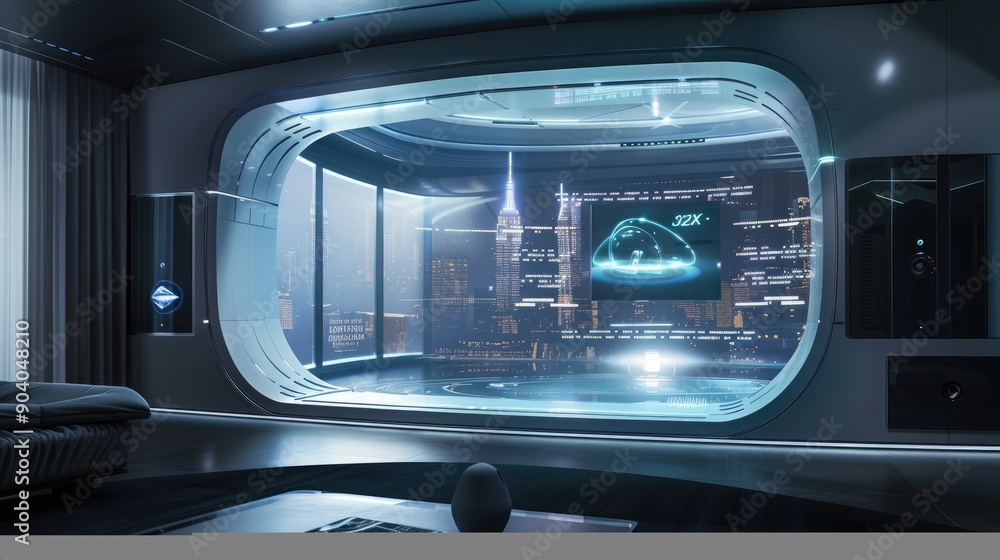 Obraz premium A futuristic, AI-driven home entertainment system with holographic display and immersive sound.