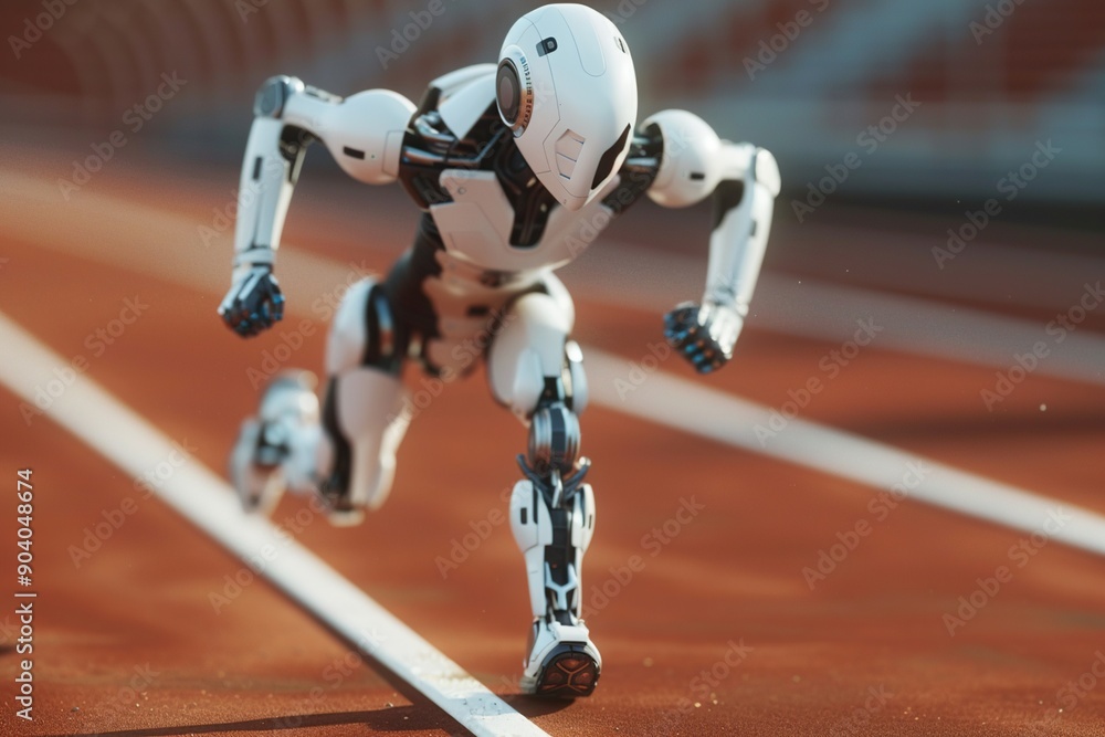Fototapeta premium Robot athlete sprinting on race track at stadium. Futuristic concept of robots competing at Olympic Games and sports. Ai Generative