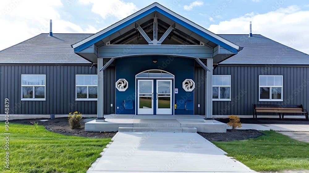 A brand new community hall featuring a semi circular door a gable roof and a blue covered porch
