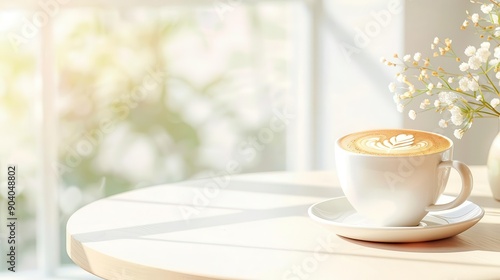 Wallpaper Mural A cup of latte with flower on table near window. Torontodigital.ca