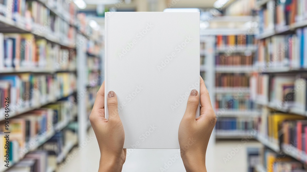 white blank book cover mockup in woman hands on library background white blank book cover mockup in woman hands on library background
