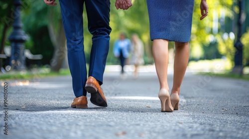 Business partners walking together with confident strides.