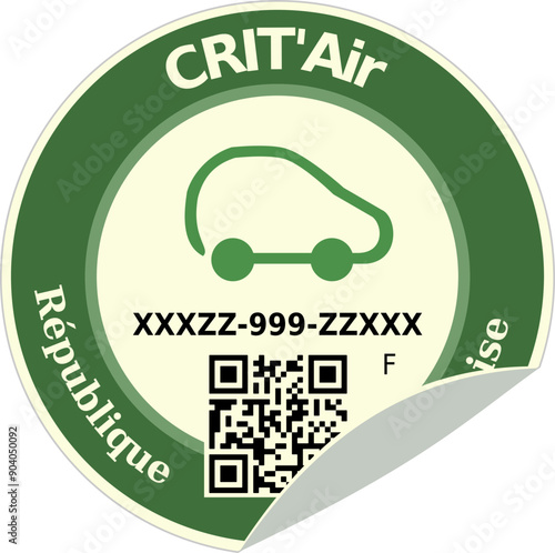 Crit'air vignette of green classification of non-polluting car of the French Republic with a fold in flat design style (cut out)