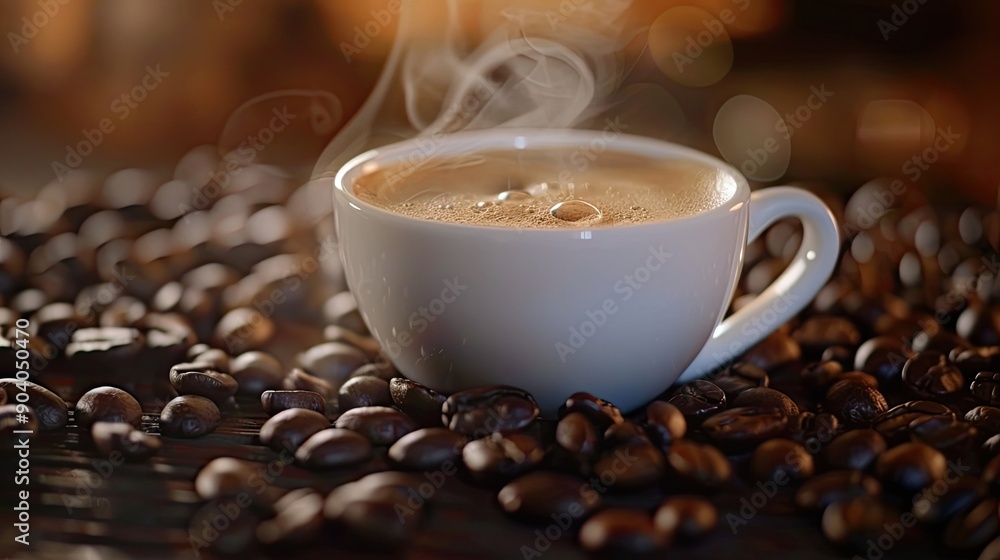Close-up of a white cup of coffee with gentle steam rising, surrounded by roasted coffee beans. Close-up of a white cup of coffee with gentle steam rising, surrounded by roasted coffee beans.