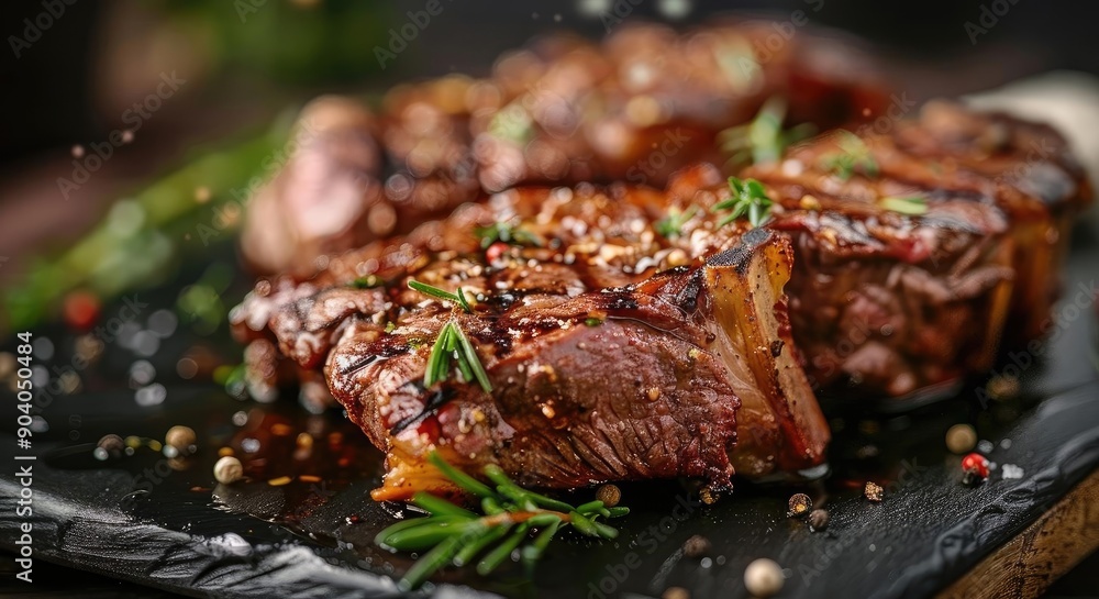 Succulent grilled steak garnished with fresh herbs and spices, served on a black slate plate, perfect for culinary themes. Succulent grilled steak garnished with fresh herbs and spices, served on a black slate plate, perfect for culinary themes.