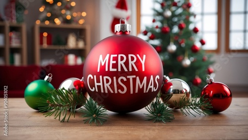 Christmas ball with word merry christmas, on christmas tree, living room background, christmas and celebration concept.