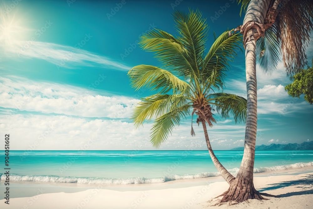Fototapeta premium Palm tree on a white sandy beach, tropical paradise with turquoise ocean.