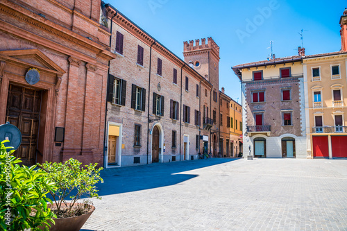 A view along the southern side of  the Matteotti Square in Imola, Italy  in summertime