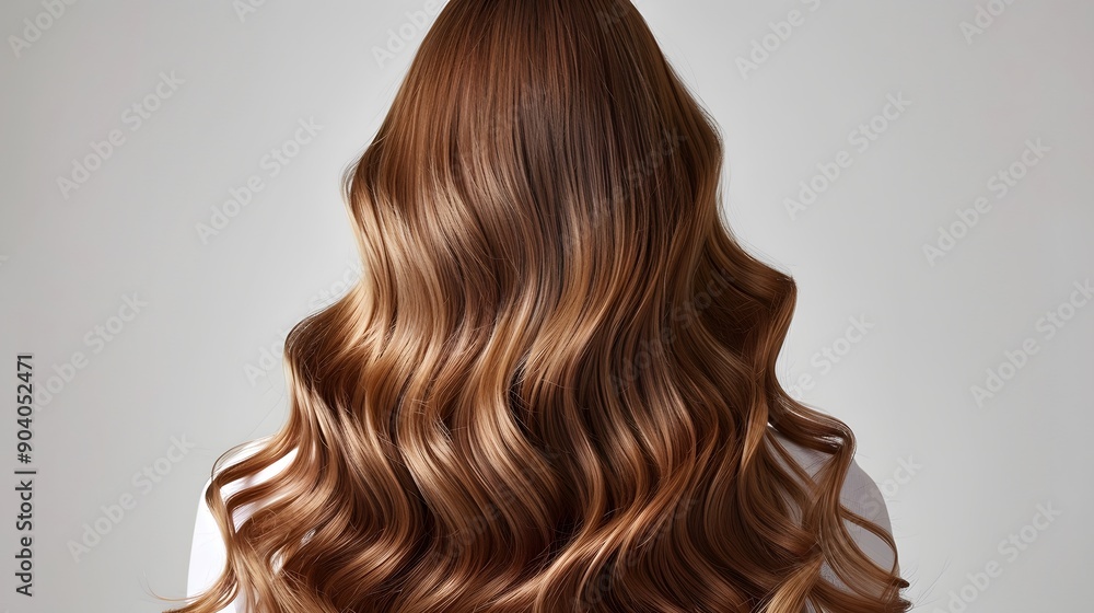 Fototapeta premium Back view of woman's head, long wavy brown hair, soft curls, hair styling, smooth texture, glossy finish, beauty photography, white background, studio lighting.