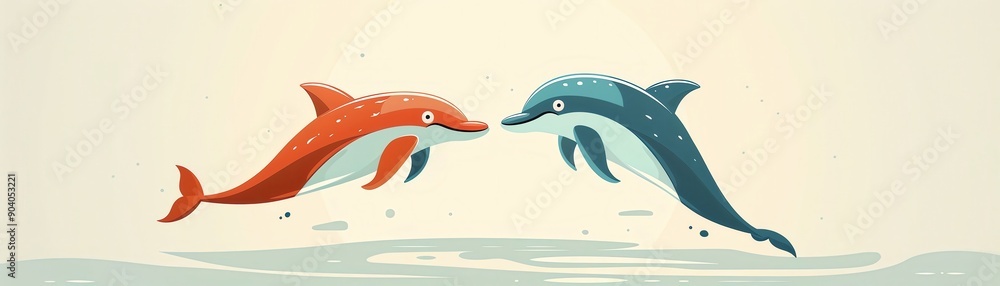 Fototapeta premium Playful illustration of two dolphins leaping out of the water, one in red and the other in blue. Perfect for children's content and marine themes.