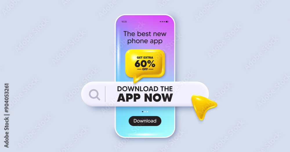 Obraz premium Get Extra 60 percent off Sale. Phone mockup screen. Download the app now. Discount offer price sign. Special offer symbol. Save 60 percentages. Phone download app search bar. Vector