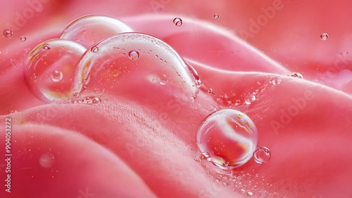A pink wallpaper with bubbles and water droplets on a pink background, blurred