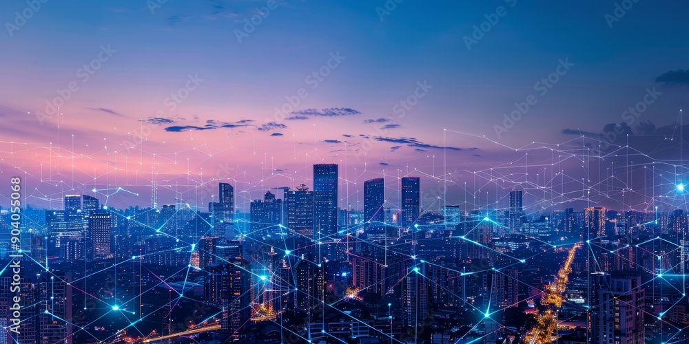 Fototapeta premium A digital city skyline with interconnected networks, symbolizing urban innovation and digital transformation
