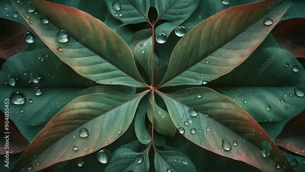 Obraz premium wallpaper representing a pattern of leaves with water droplets above. Hipperrealistic image