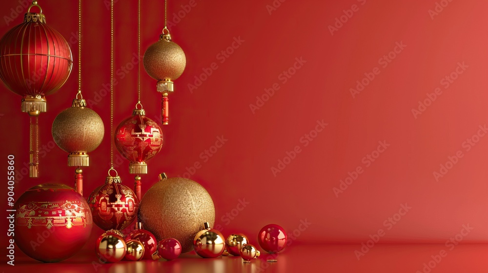 Festive background Happy New Year in Asian style. Happy Chinese New Year banner background template. Decoration with traditional festival lanterns on a red background. Festive background Happy New Year in Asian style. Happy Chinese New Year banner background template. Decoration with traditional festival lanterns on a red background.