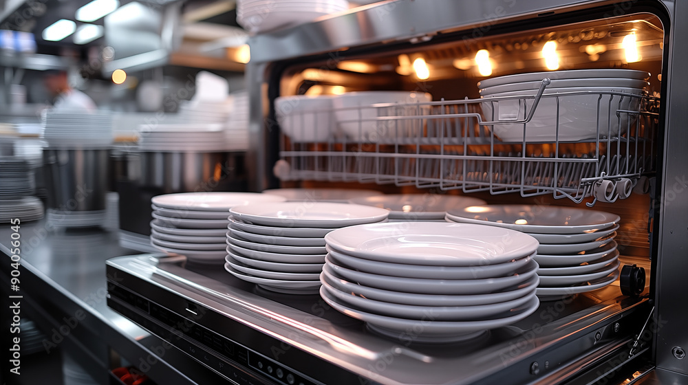 Empty white plates and bowls in a dishwasher in a commercial kitchen Empty white plates and bowls in a dishwasher in a commercial kitchen