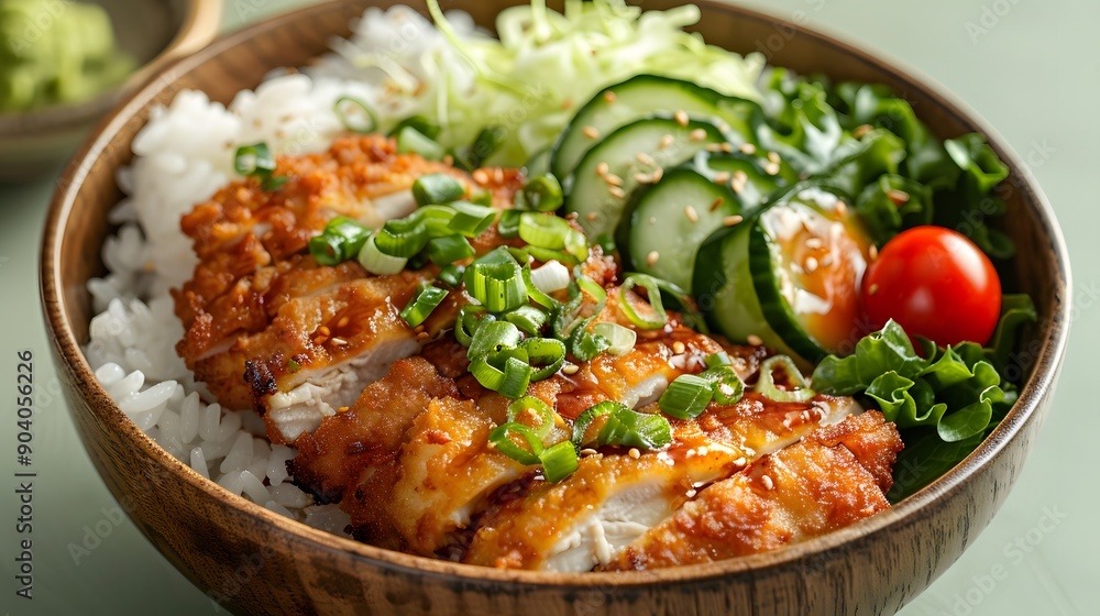 Japanese rice bowl, crispy fried chicken katsu, sliced cucumbers, cherry tomato, shredded lettuce, steamed white rice, wooden bowl, light green background. Japanese rice bowl, crispy fried chicken katsu, sliced cucumbers, cherry tomato, shredded lettuce, steamed white rice, wooden bowl, light green background.