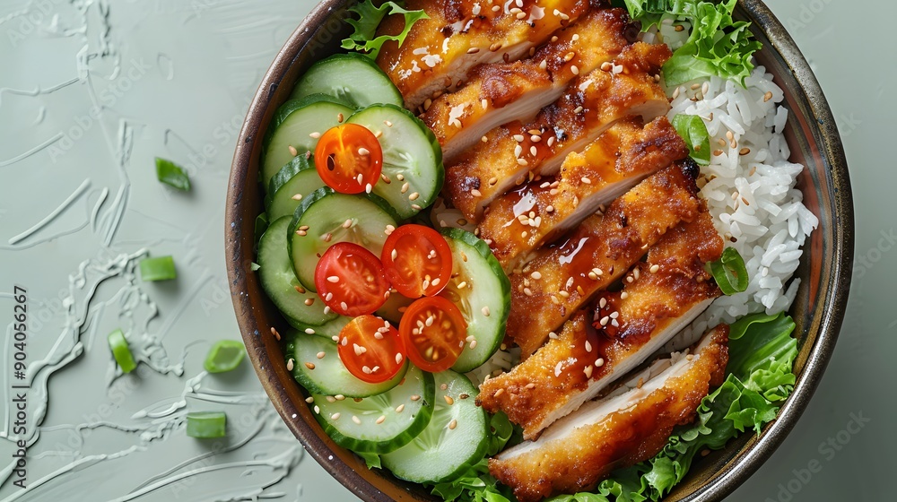 Japanese rice bowl, crispy fried chicken katsu, sliced cucumbers, cherry tomato, shredded lettuce, steamed white rice, wooden bowl, light green background. Japanese rice bowl, crispy fried chicken katsu, sliced cucumbers, cherry tomato, shredded lettuce, steamed white rice, wooden bowl, light green background.
