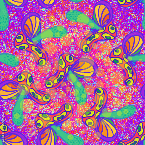 Magic mushrooms mandala seamless pattern. Psychedelic hallucination. Vibrant trippy vector illustration. 60s hippie colorful art. Hand drawn design in ethnic Indian style. Mystic abstract yoga mat