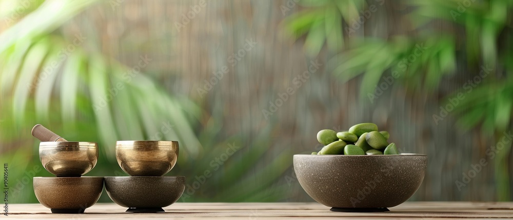 A serene setup featuring meditation bowls and a bowl of green stones on a wooden surface, against a blurred green background. A serene setup featuring meditation bowls and a bowl of green stones on a wooden surface, against a blurred green background.