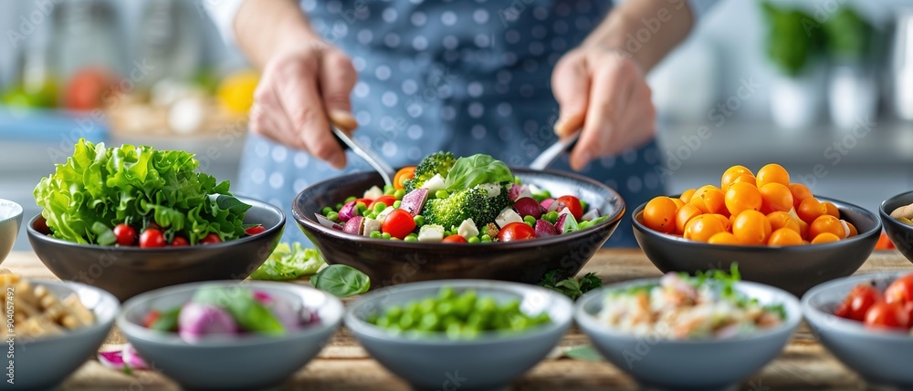 Hands preparing a fresh salad with a variety of colorful vegetables in a kitchen setting, emphasizing healthy and nutritious eating. Hands preparing a fresh salad with a variety of colorful vegetables in a kitchen setting, emphasizing healthy and nutritious eating.