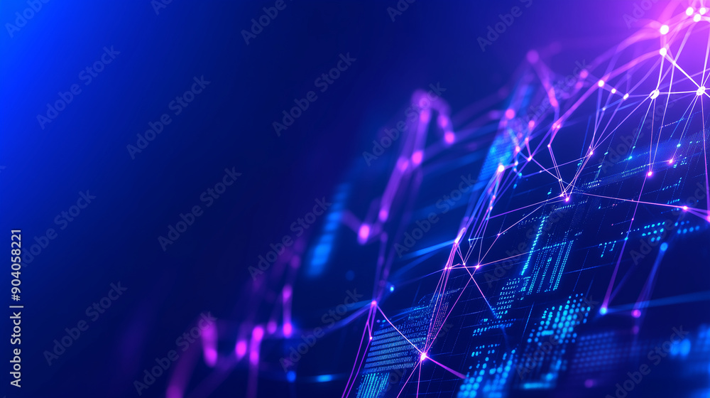 Fototapeta premium interconnected digital interface panels and data graphs on a dark blue background, network of lines and nodes, futuristic technology concept, with copy space,
