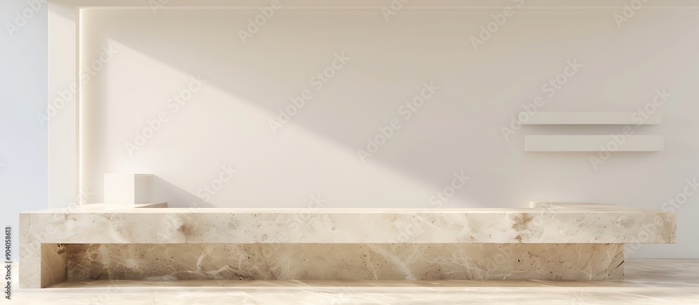 Office setup on beige marble table, white wall backdrop, shelf, copy space for text, 3D rendering, ultra detailed, cinematic style. Office setup on beige marble table, white wall backdrop, shelf, copy space for text, 3D rendering, ultra detailed, cinematic style.