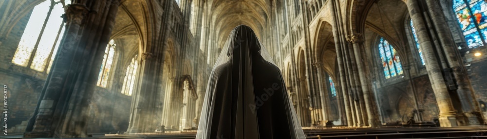 A lone figure stands in the grandeur of a gothic cathedral, illuminated by the light streaming through the stained glass windows. A lone figure stands in the grandeur of a gothic cathedral, illuminated by the light streaming through the stained glass windows.