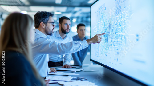 A team of cybersecurity professionals gathered around a conference table, discussing a network vulnerability assessment. The consultant is leading the discussion, pointing at a lar