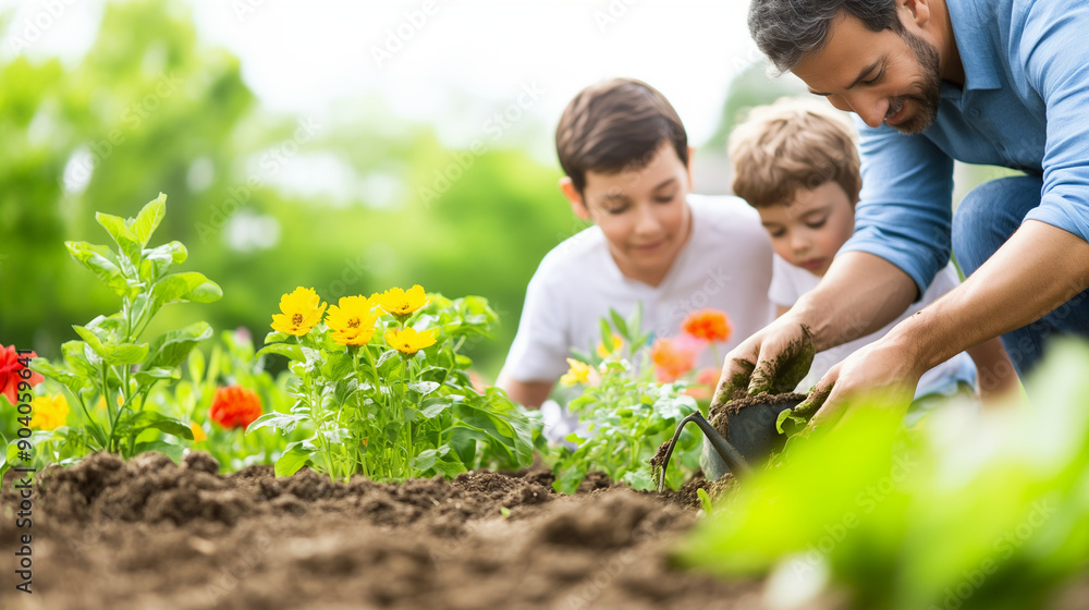 A family working together in their backyard garden. The parents are planting flowers, and the children are watering the plants and digging in the soil. The garden is full of colorf A family working together in their backyard garden. The parents are planting flowers, and the children are watering the plants and digging in the soil. The garden is full of colorf